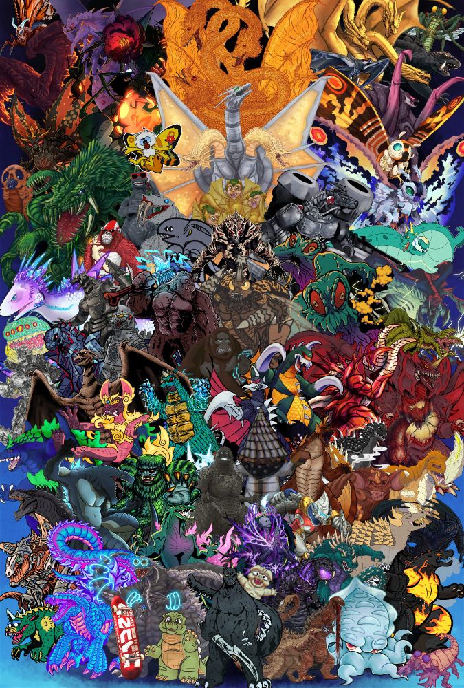 a large collage of godzilla kaiju made from 75 drawings done by artisits from all around the godzilla art community. From bsky to tumblr, and places between hope yall had a happy kaijune!