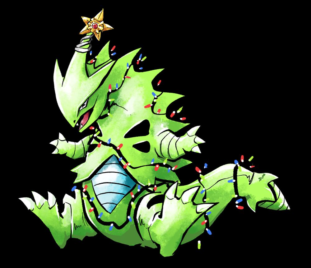 the pokemon tyranitar decorated with lights and a lil star on top like a christmas tree 