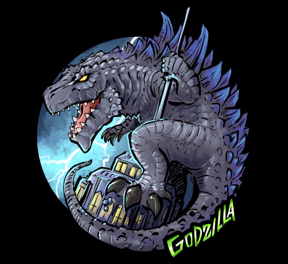 giant lizard kaiju godzilla from the movie godzilla 1998 on a building highlighted with lightning on a blue sky background 