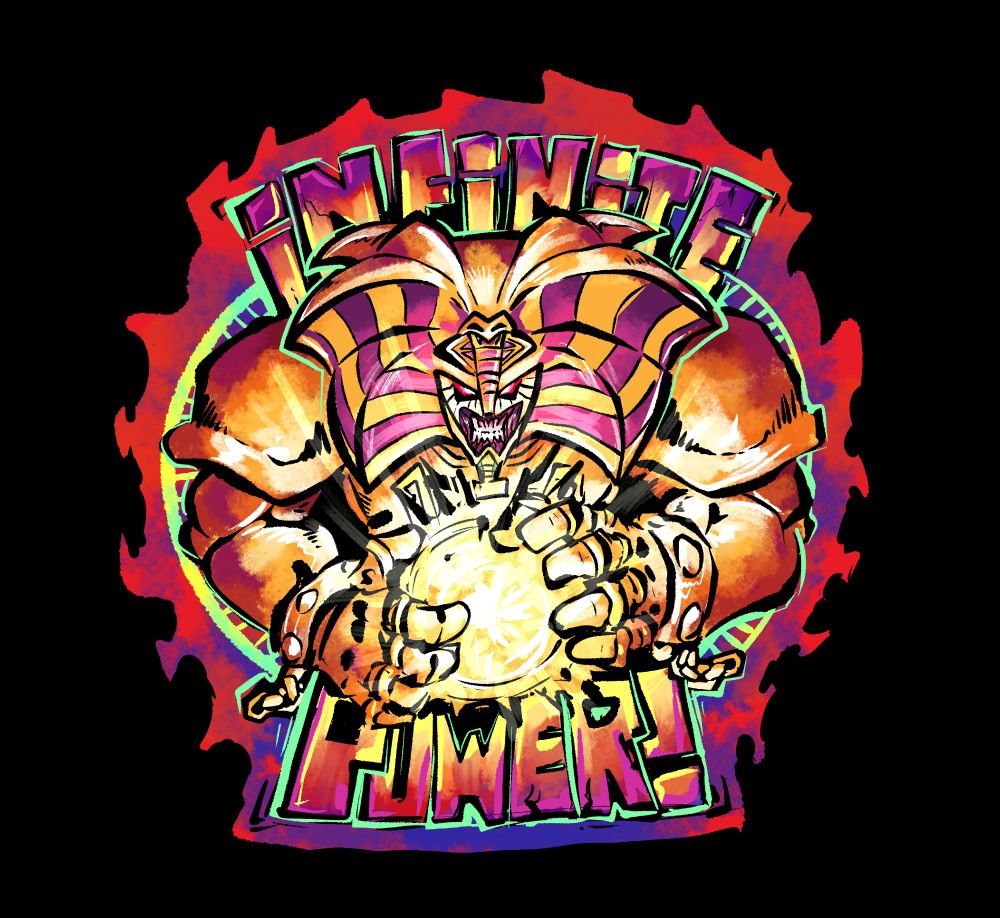 exodia the forbidden one a giant armored man holding a powerful orb with the phrase infinite power