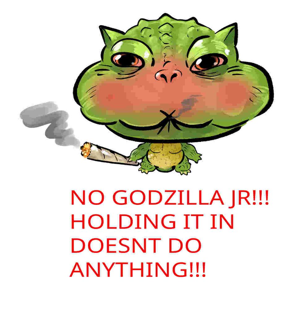 got bored and drew that parapa the rappa meme where he holds in the weed smoke and gets a big puffy face but instead its godzilla jr cause i thought it be funny