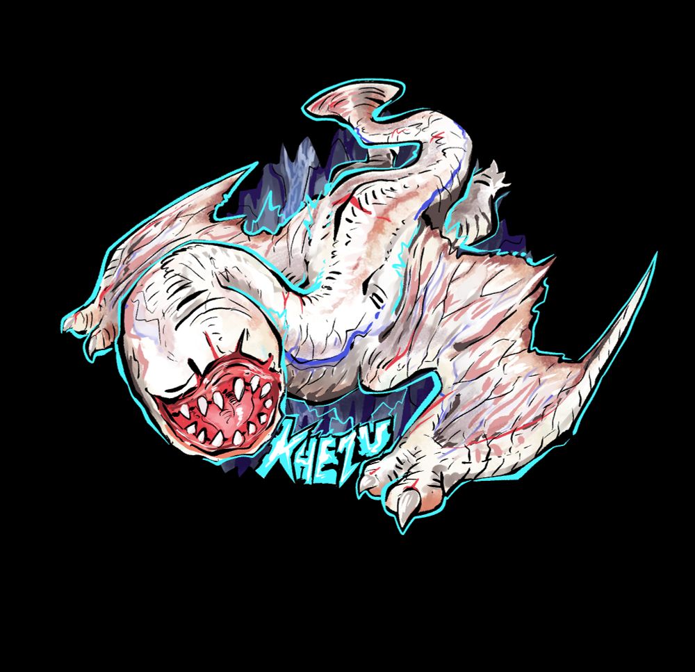pale white/albino dragon like creature with no eyes and big red exposed mouth hanging down with an electric aura ending in letters spelling out khezu