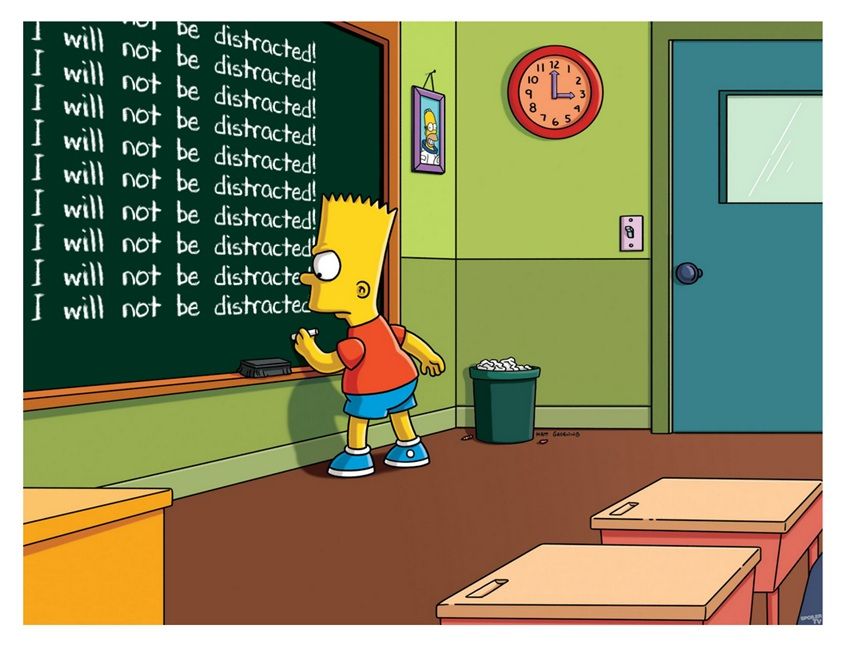 Bart Simpson, writing on chalkboard that he will not be distracted.