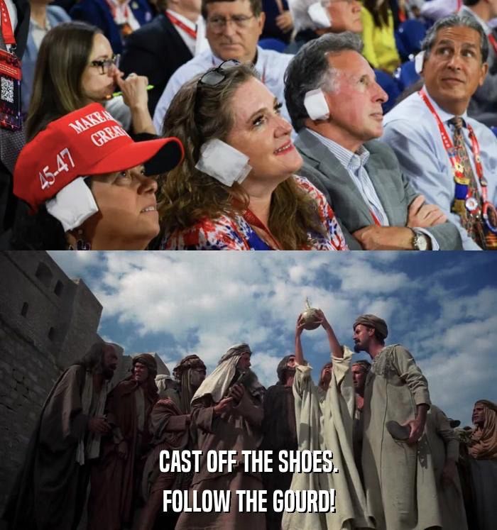 This is a juxtaposition of a drill from Monty Python’s “life of Brian” and the photo of maga crowd. In the still it shows two cults developing, or following the gourd, the other taking off shoes. The maga crowd is wearing ear patches; behaviour compatible with a cult. 