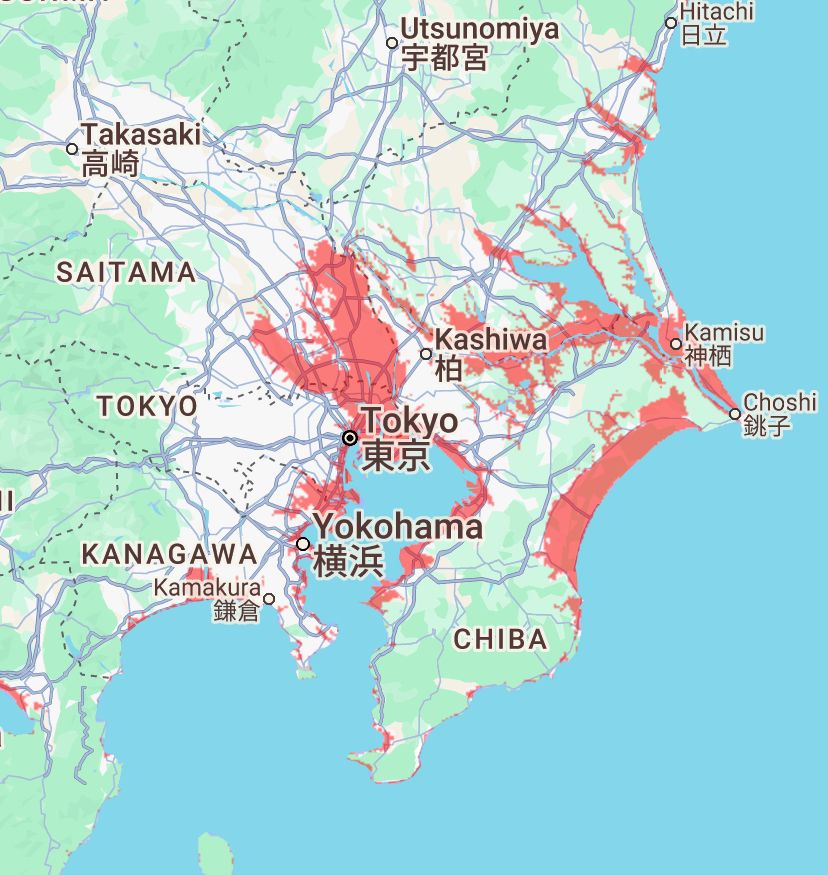 A map of Tokyo showing which parts of it will disappear under water if sea levels were to rise by 8m. 