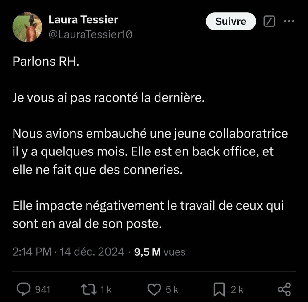 Image représentant le début du thread de "Laura Tessier" (la DRH) qui crache sur une salariée ayant demandé une rupture conventionnelle.