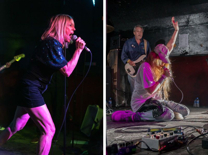 Left: Kim Gordon. Right: Jennifer Herrema and Mike Watt.
All the artists are on stage performing at The Blind Pig for the Ron Asheton tribute concert in 2018.