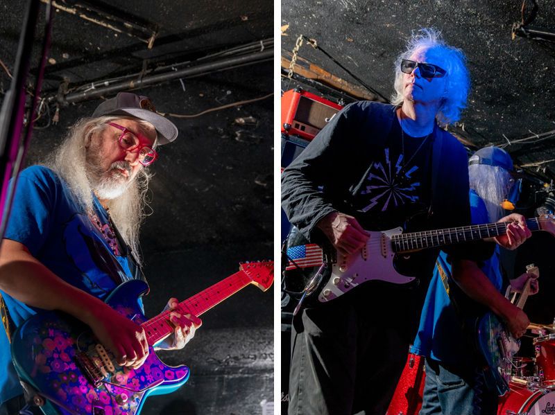 Left: J. Mascis. Right:  Don Fleming.
All the artists are on stage performing at The Blind Pig for the Ron Asheton tribute concert in 2018.