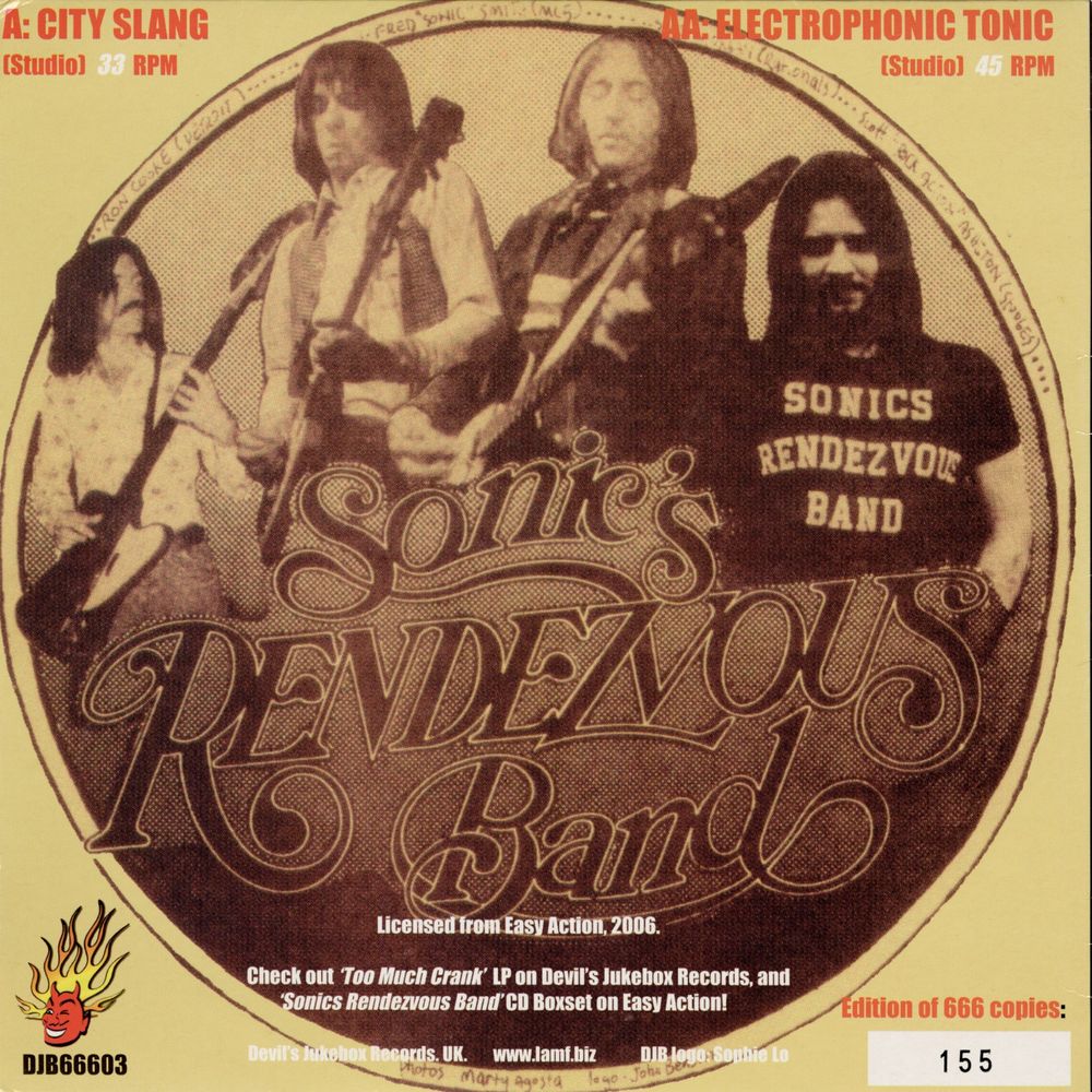 Back cover of the 2006 "City Slang" 7-inch reissue featuring a collage photo of Sonic's Rendevous Band