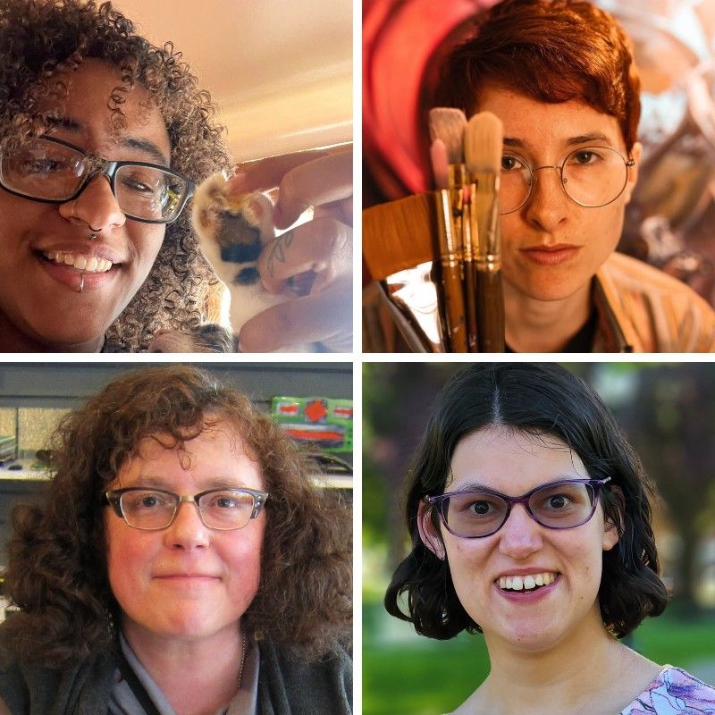 Four of the artists featured in Disability Network's annual exhibition, clockwise from upper left: Samantha Finley, Alex Menzor, Megan Braun, and Leora Druckman. Photos courtesy of the artists and Menzor image by Hayleigh Beadle.