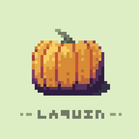 Pixel art illustration of a pumpkin with a green stem on top. The colors of the pumpkin are quite saturated, and go from a vivid yellowish orange in the highlights on the left to purple shades on the right.

The drawing is presented over a light green background. Bellow the pumpkin, the text 'Laquin' can be read in 3x3 letters, the author's signature.