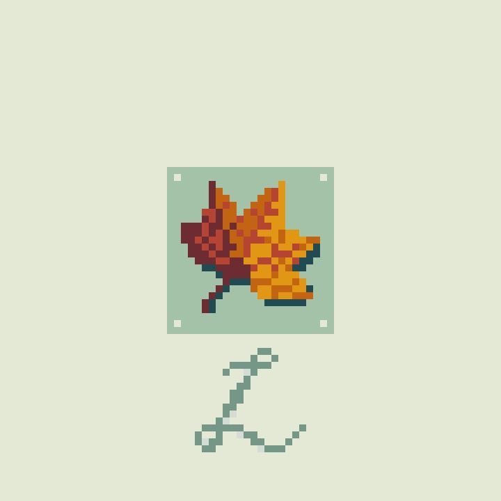 Pixel art drawing of a maple tree leaf with shades of yellow, orange and red, on top of a muted green background. The leaf is casting a turquoise shadow. Below the leaf, there is a large stylised 'L' letter, the author's signature.