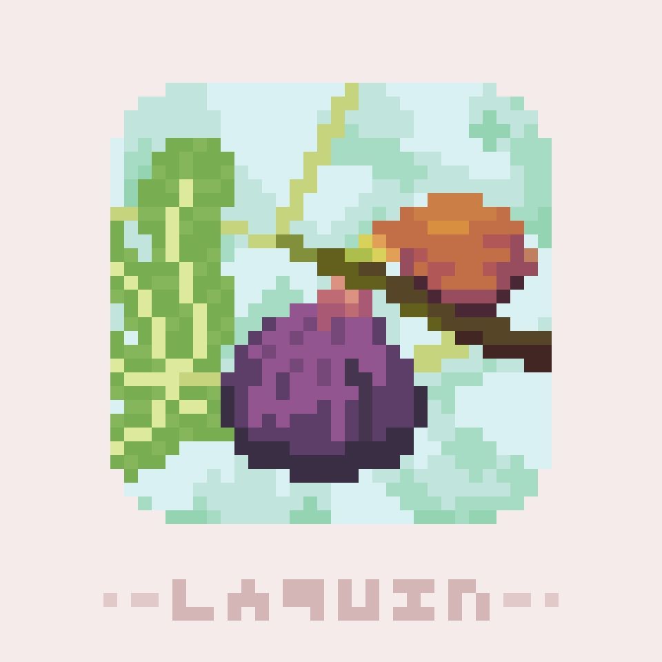 Pixel art illustration of two figs clinging from a branch. The biggest fig has a purple tone, while the smaller one is more orange-ish. On the left, a big fig tree leaf can be seen. The background also shows blue and green shapes depicting leaves.

The illustration appears framed on a muted light pink background. Below, the text 'Laquin' can be read in 3x3 letters, the author's signature.