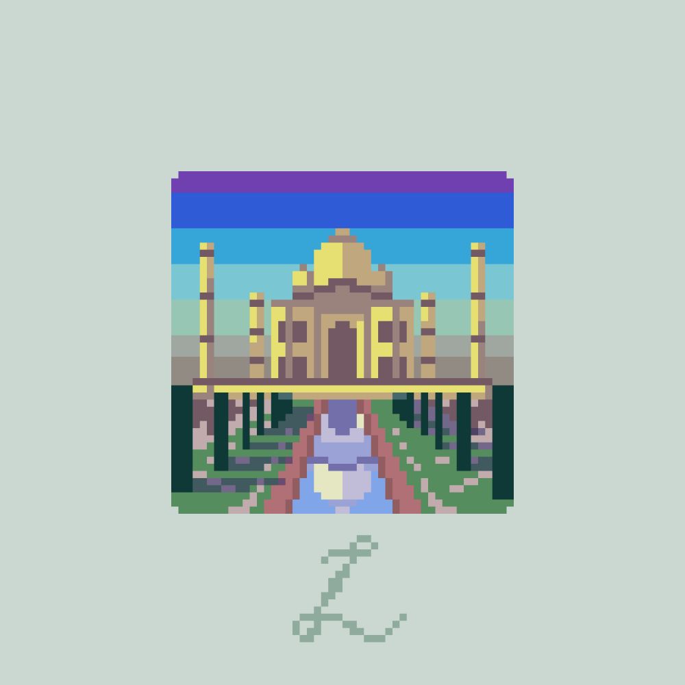 Colourful pixel art drawing of the Taj Mahal. The building is depicted with yellow tones. The sky shows a gradient from a quite saturated purple on the top to a less saturated cyan in the middle to a very mute red just above the horizon. On the foreground, in front of the mausoleum, there's a water pond reflecting it. To the sides of the pond, there's some grass with high bush-like trees.

The drawing is presented in a frame, which has a stylised 'L' letter, the author's signature.