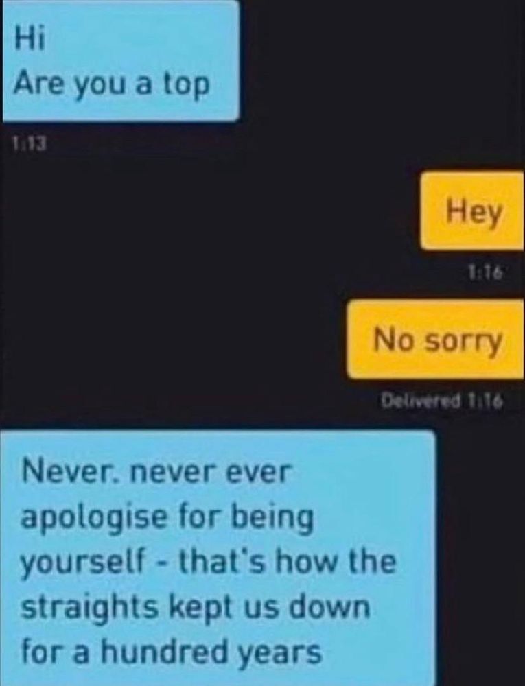 Screenshot from Grindr. One person asks "Hey, are you a top?". The other replies "Hey, no sorry". The first person says "Never. Never ever apologise for being yourself - that's how the straights kept us down for a hundred years".