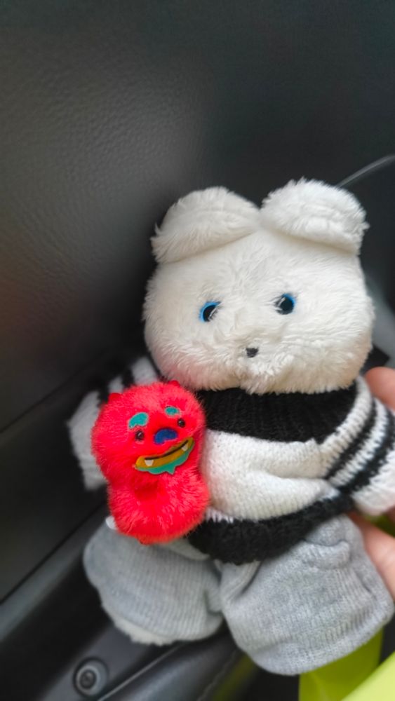 ちびシーサーとしろいくまのぬいぐるみが並んでいる写真