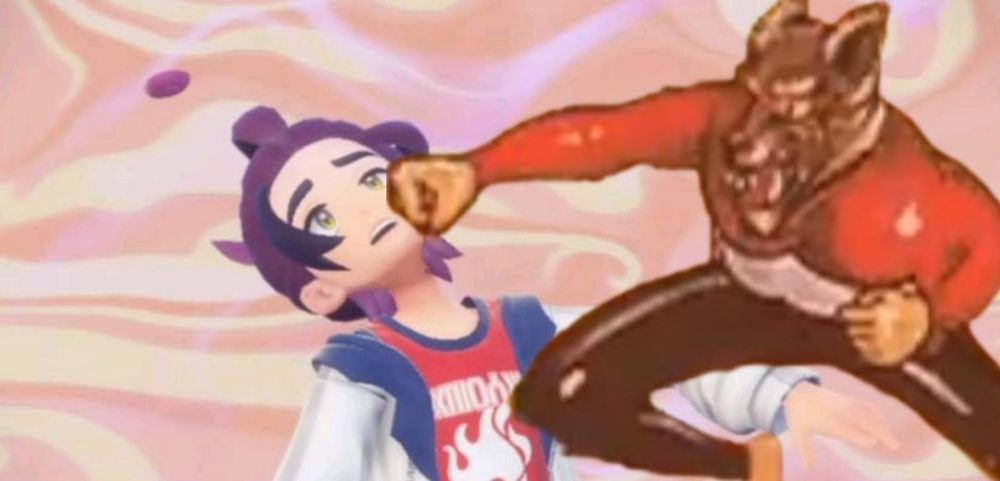 Kieran from Pokémon getting punched by Mage from the Pachimon Card series and Mugen game 