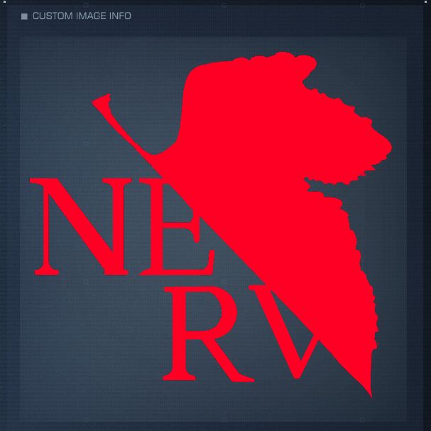 The Armored Core VI image editor. With the red NERV logo from evangelion. It is half of a stark red fig leaf slightly overlapping the word "NERV".