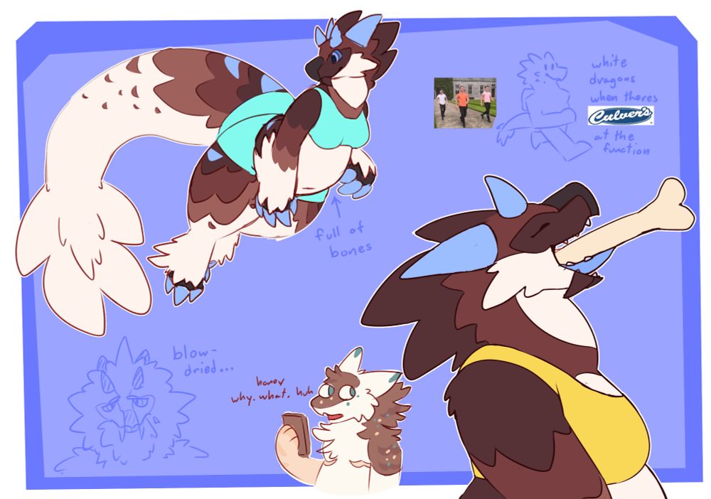 a sketch-page of a feathered dragon with various bird traits, brown and cream in color. top left is a simple floating pose, while bottom right shows silva swallowing a large bone. two smaller sketches are also on the canvas.