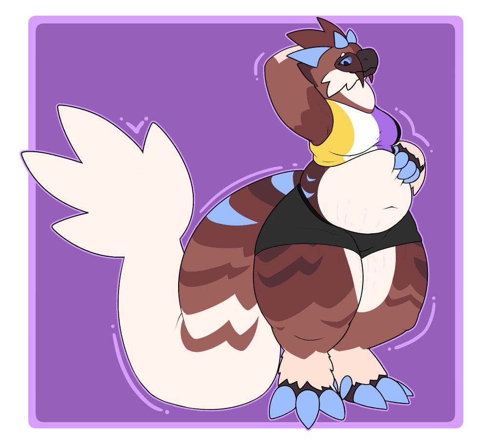 A doodle with Silva, a brown and cream dragon with feather patterns. They're wearing a non-binary colored top and black shorts, pressing into their belly with a claw.