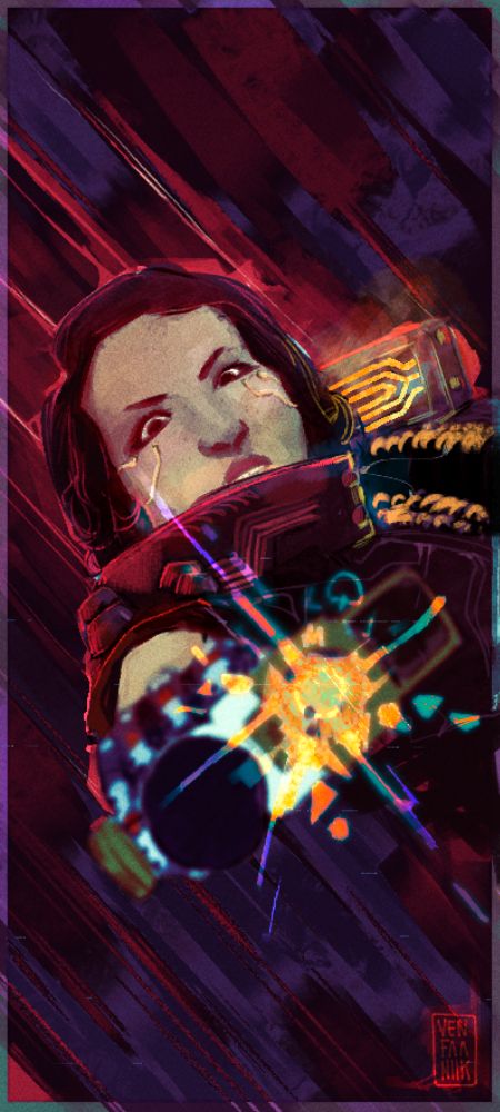 An illustration resembling Cyberpunk 2077's tarot cards. An action scene of female V pointing a gun (with muzzle flash) towards the camera.