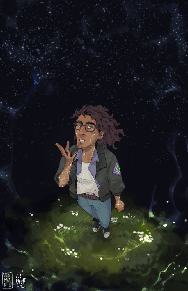 An illustration of a man (Aster Vega) standing on a grassy field, surrounded by a starry night sky. The character has tattoos around his body that resemble constellations and they're slightly glowing.