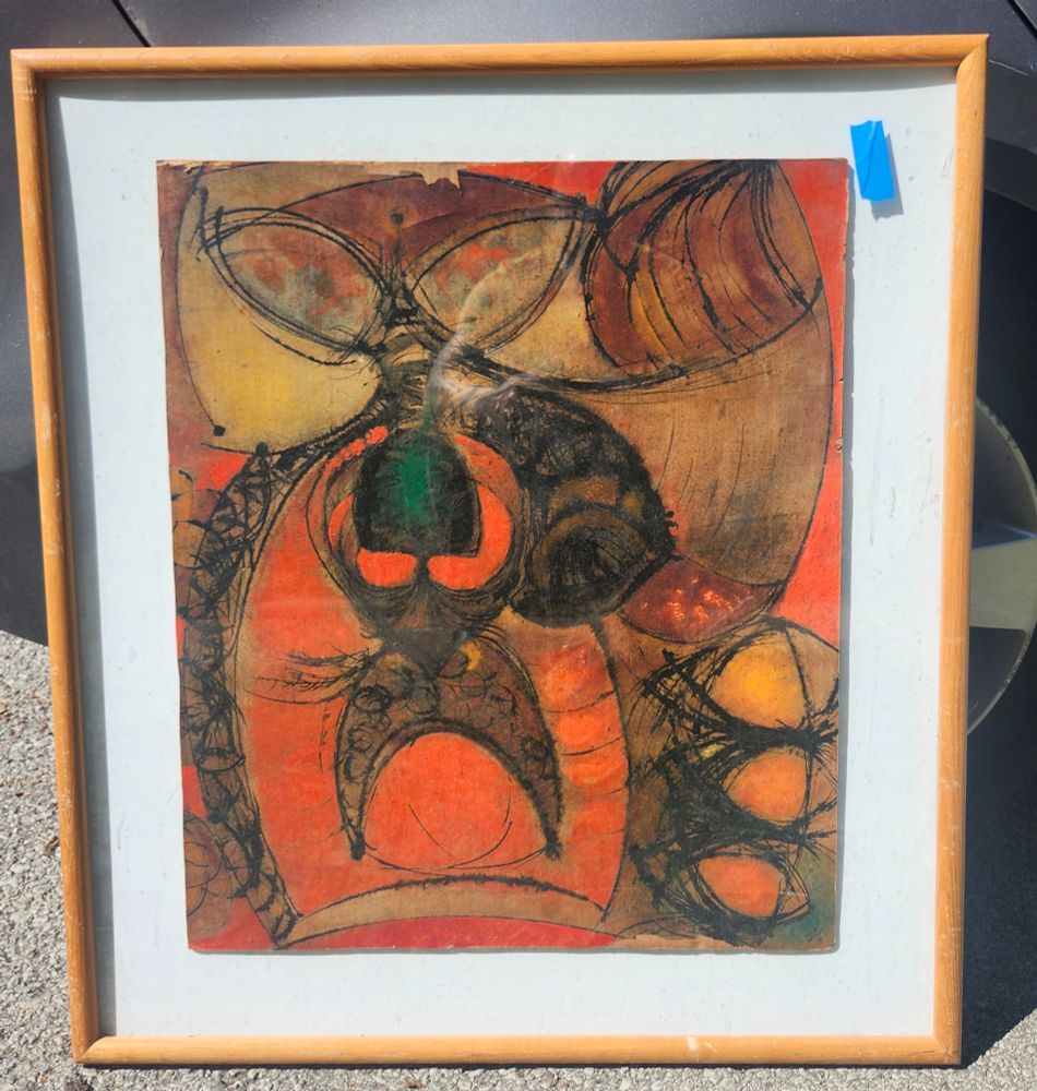An orange and brown abstract print of what would be for resemble alien grays end up on a painting in 1954 when that image really didn't get popularized until after 1962 because of Betty and Barney hill?