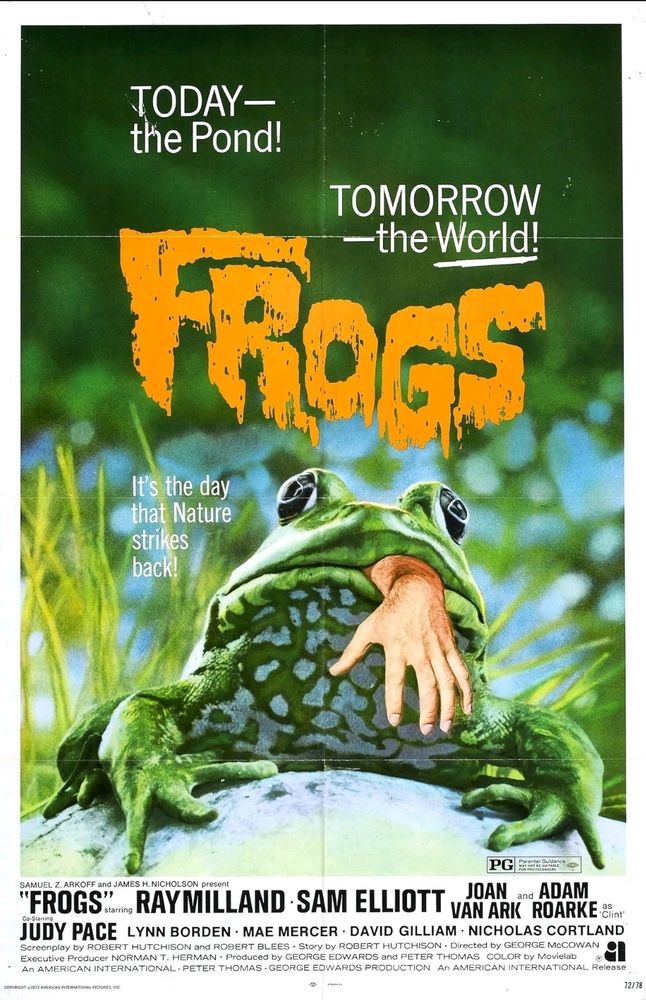 poster from the 1972 horror film frogs. Illustration of a frog with a human hand coming out of its mouth. Today at the pond, tomorrow the world! 