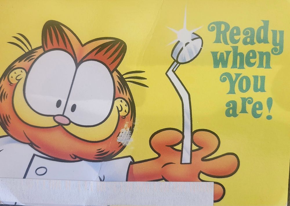 A yellow postcard with Garfield dressed as a dentist holding a mirror that reads 