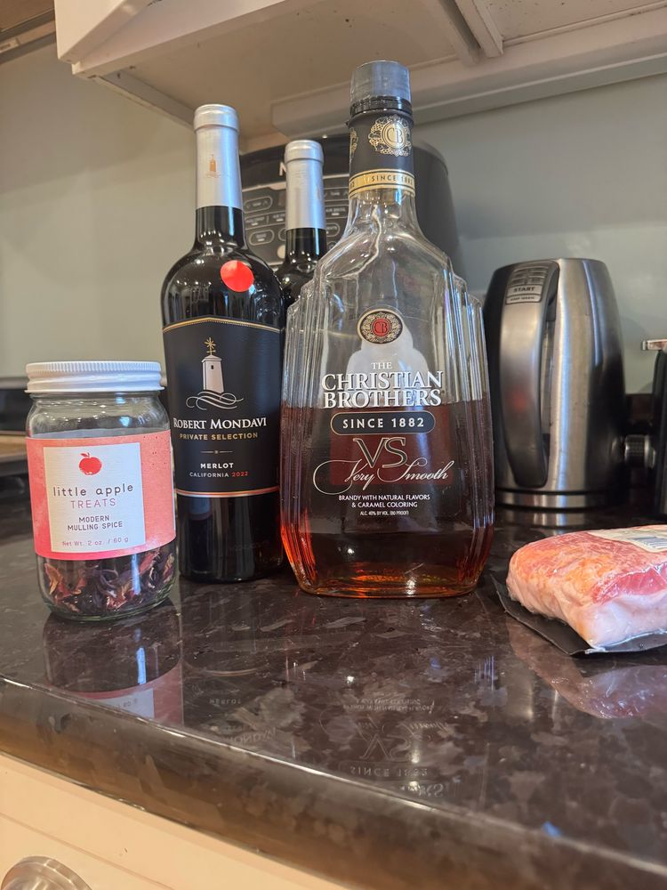 Wine, brandy, mulling spices, and bacon