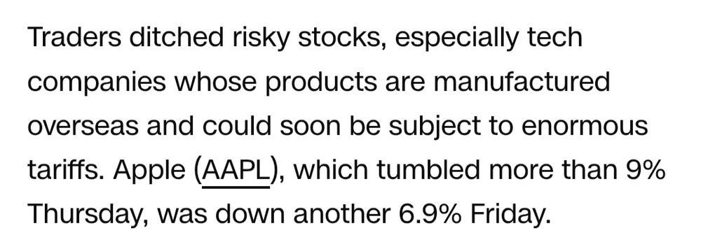 CNN quote saying Apple stock plunged 9% the day of Trump's tariff announcement, and 6.9% the next day