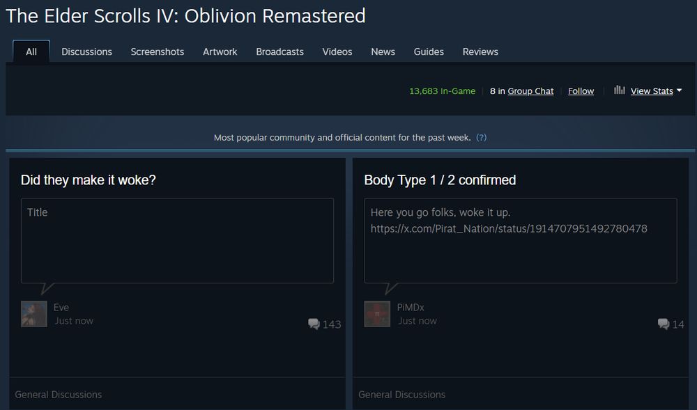 a screenshot of the steam community page for oblivion remastered, the top two discussions are two separate chuds making no beneficial contribution to anything by asking "if they made oblivion woke" a statement that is baffling and reduces my brain mass when I try to process it