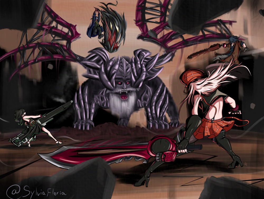 Alisa, Lindow, Sakuya and Soma from God Eater fighting against a Dyaus Pita