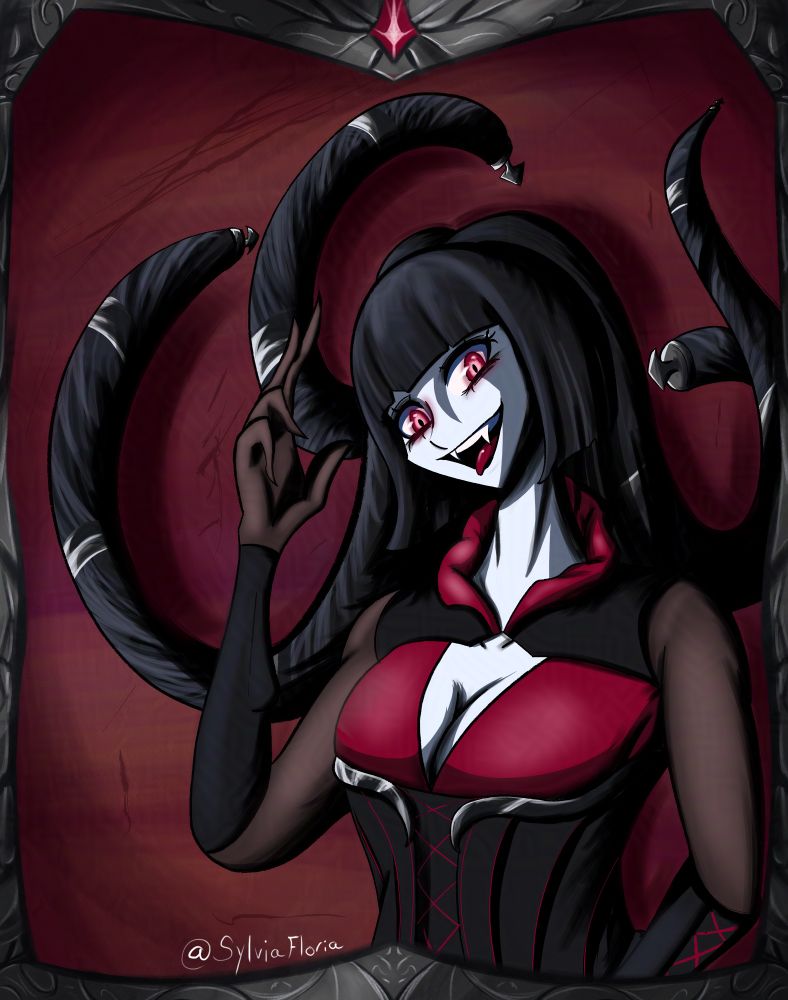 Framed painting of a pale lady wearing a red dress waving. Her hair levitating behind her.