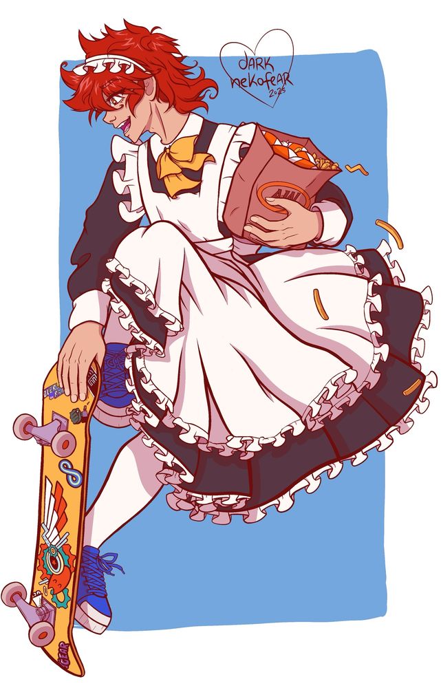 A digital redraw of the box art for the Maid to Skate anime but with Reki Kyan from Sk8 the Infinity.
Reki's wearing a long maid outfit, it's skirt billowing behind him as he pops his skateboard up. The jostling motion has sent a few stray fries flying from the paper takeout bag in the crook of his arm.