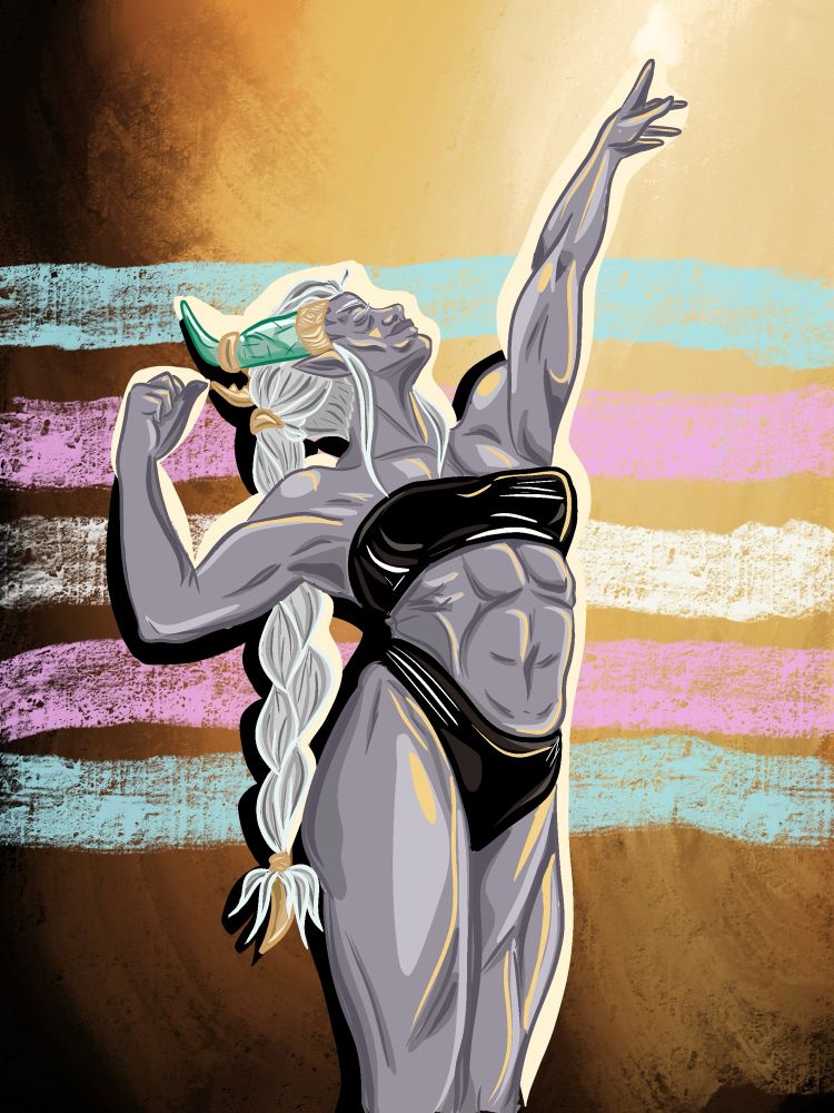 Image of Taash in their underwear reaching for a point of light above their head with their right hand. They are bathed in radiance. Behind them are the stripes of the Trans flag!