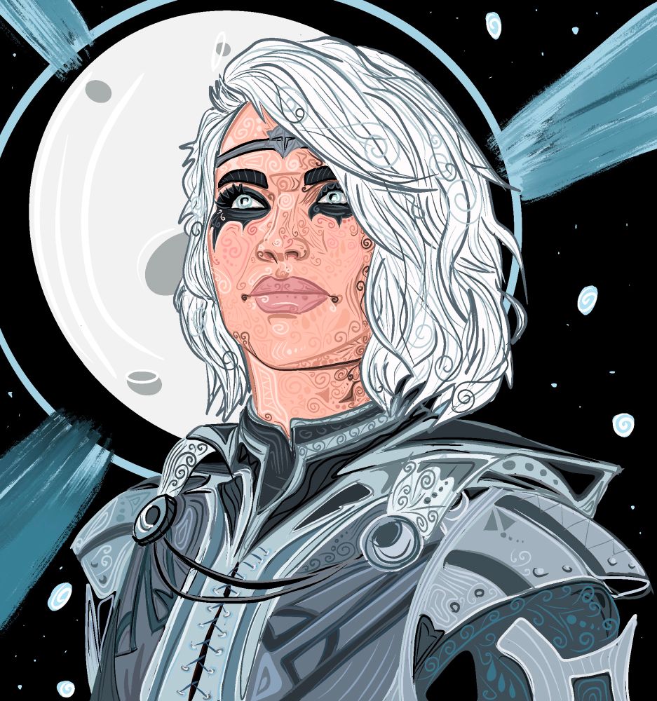 A matching portrait of isobel thorm. In front of the moon. Shading done zentangle style.