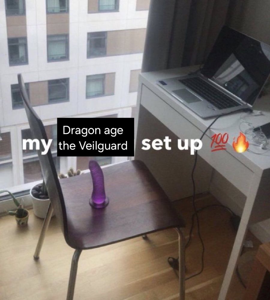 My dragon age the veilguard setup. And its a purple Dildo on a chair in front of a laptop.