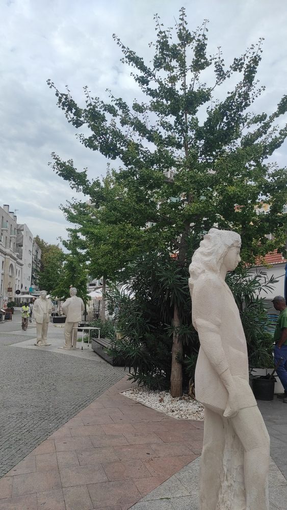 Foto de varios árboles, en primer plano un ginkgo biloba, con las hojas verdes, entre esculturas de gente.