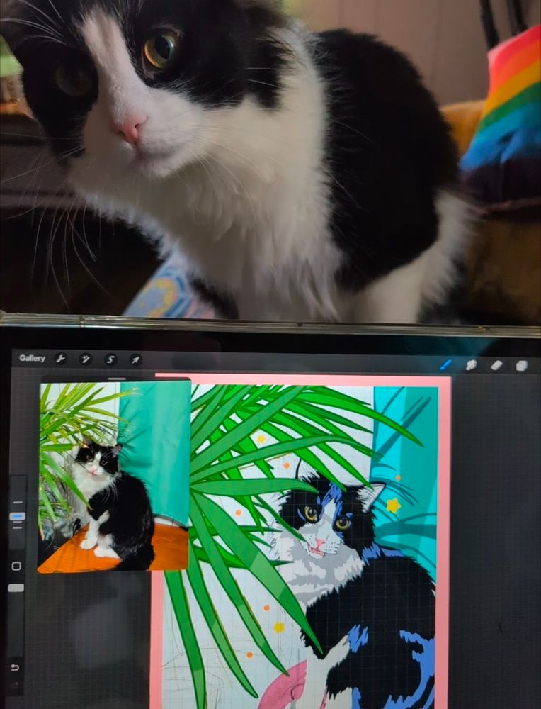 A photograph of an iPad screen with a black and white tuxedo cat peeking over the screen in the background. On the screen is an in-progress illustrated portrait of the tuxedo cat surrounded by green palm fronds, a bright blue curtain, and yellow stars. The background is sketched in pencil and not yet colored in. A reference photo of the tuxedo cat munching on palm leaves sits beside the artwork on the iPad screen.