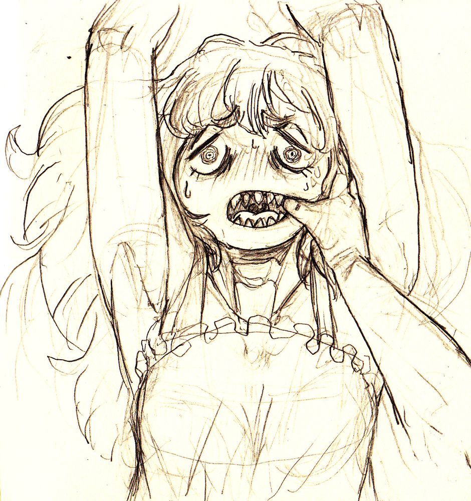 First person perspective of a girl having the inside of her mouth touched. She has sharp teeth. Her arms are held up in a way that she might be restrained