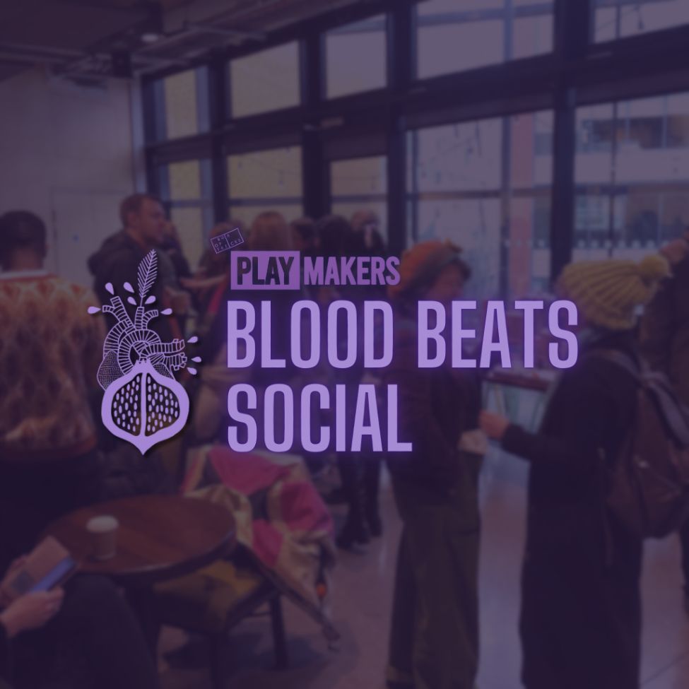A photo of a Box of Tricks social with people chatting in the background. A logo of and text overlayed: "PlayMakers Blood Beats Social" 