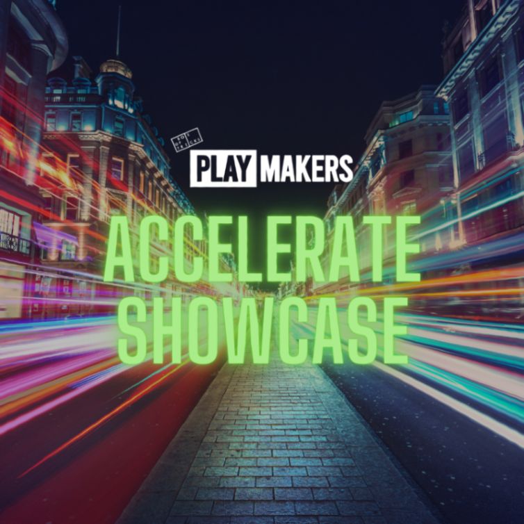 A fast-moving city image with blurred traffic with the PlayMakers logo and the following text in green: "Accelerate Showcase"