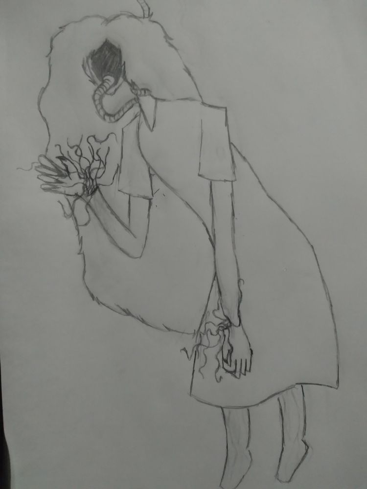 Desenho no papel de uma mulher sem rosto com um vestido e cabelos longos flutuando no ar. Uma língua sai do buraco em seu rosto se enrolando em seu pescoço. As veias de seus pulsos estão para fora e se movimentando como tentáculos. Sangue desce por suas pernas.