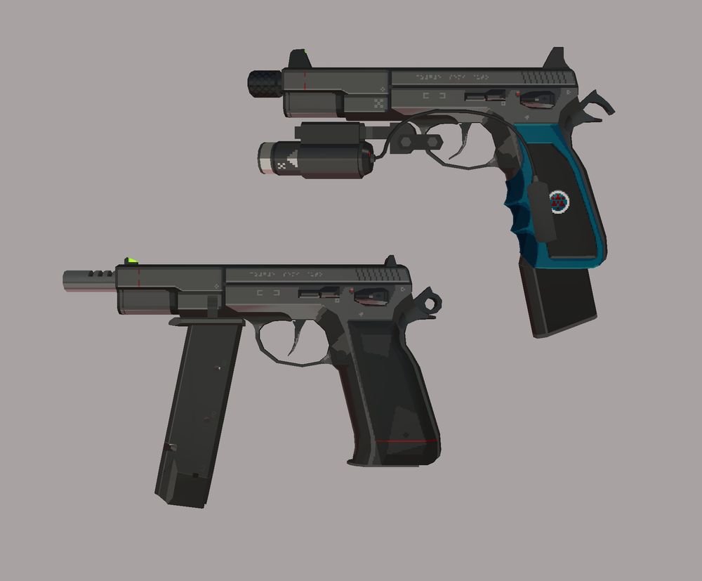 two type-75 pistols
one of them has a trigger guard mounted laser, raised sights, rubberized grips and an extended magazine
the other is an automatic variant with a magazine foregrip and a long ported barrel