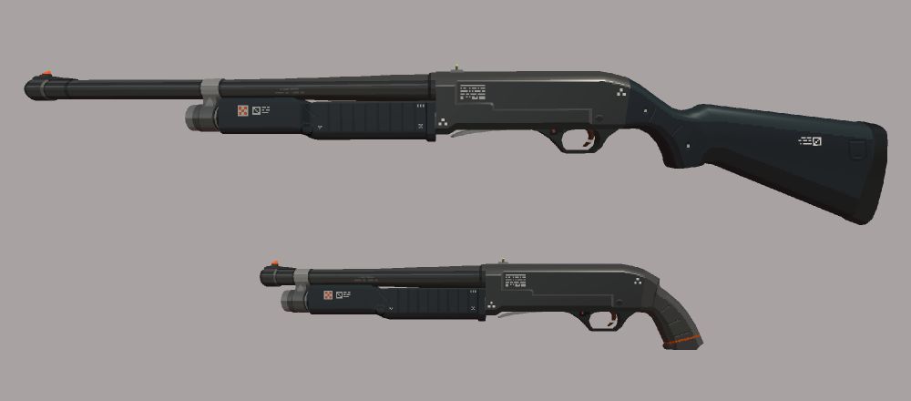 two ks-23 shotguns, one of them has a short barrel and pistol grip
