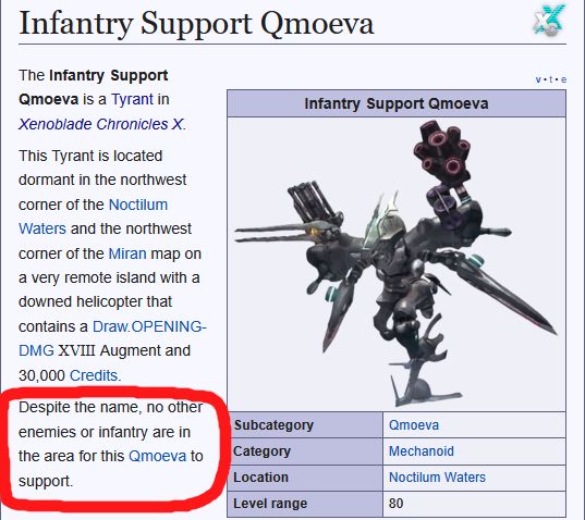Screenshot of the Infantry Support Qmoeva wiki page. Text is circled saying "Despite the name, no other enemies or infantry are in the area for this Qmoeva to support."