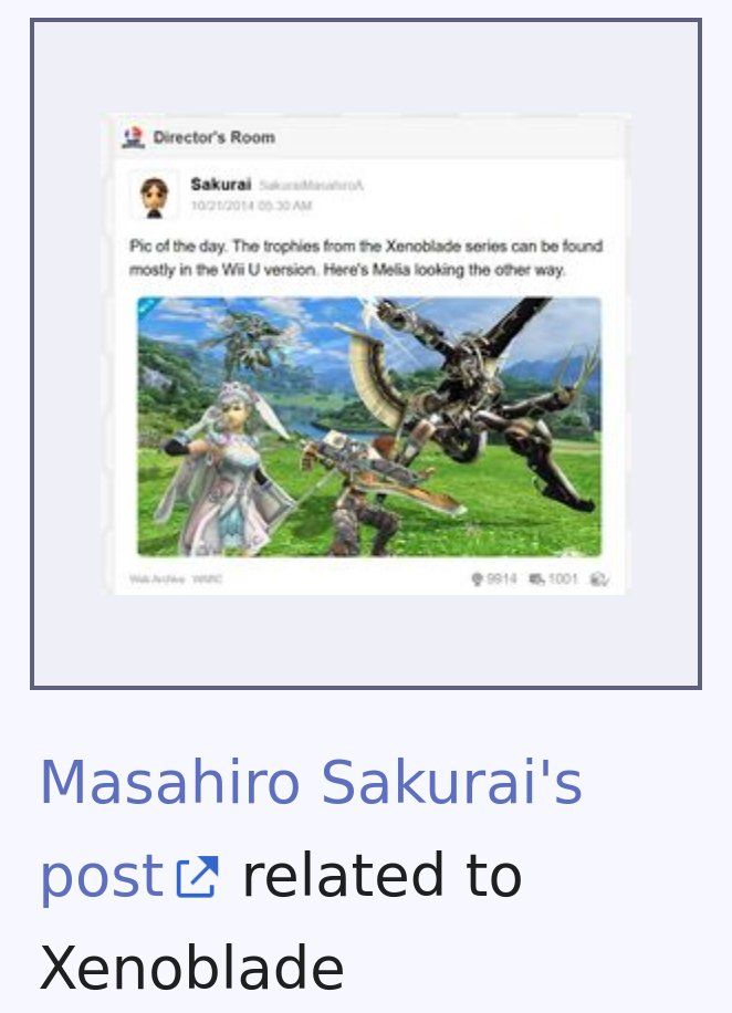 Screenshot of the Miiverse wiki page, featuring a post from Masahiro Sakurai in which he used the sm4sh trophies to pose for an image. Reyn is scrapping with Metal Face, and Melia is confusingly looking in the opposite direction, which Sakurai states without explanation.