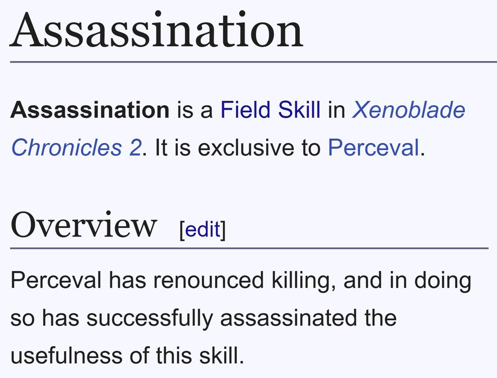 Screenshot of Xeno Series Wiki's "Assassination" page. The overview mentions that "Perceval has renounced killing, and in doing so has successfully assassinated the usefulness of this skill."