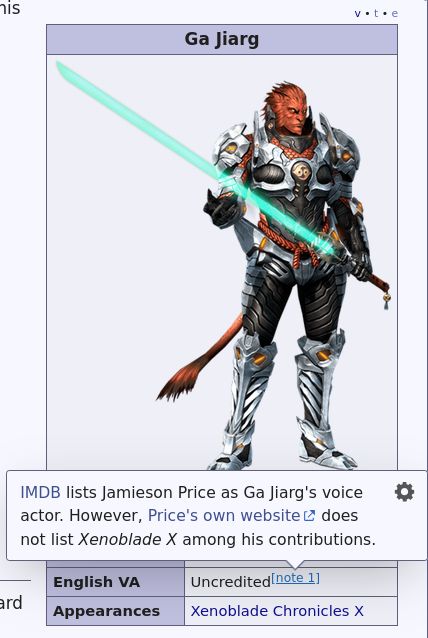 Screenshot of Ga Jiarg's wiki page. His English VA is listed as "Uncredited", with a footnote: "IMDB lists Jamieson Price as Ga Jiarg's voice actor. However, Price's own website does not list Xenoblade X among his contributions."